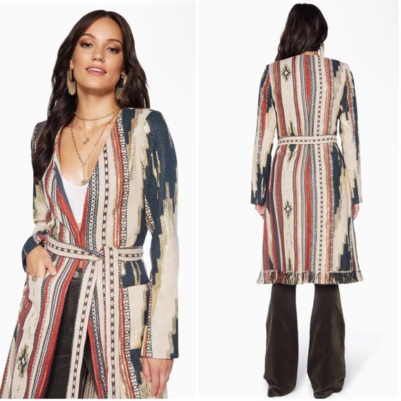 New! 🤠 Ramy Brook Cody Belted Fringe Jacquard Western Boho Cardigan/ Jacket 🤠 S - Picture 2 of 16